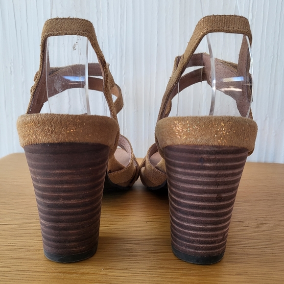 Esska Women’s 38 Anthropologie US 7 - 7.5 Tan Leather Gold Shimmer Strappy Heels - Picture 3 of 16